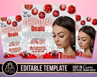 May include: A Christmas-themed flyer advertising lash extensions with a 40% discount. The flyer features a silver background with red and white ornaments, a woman with long eyelashes, and the text "Christmas Deals Lash Extensions Discounted Up To 40% Off".