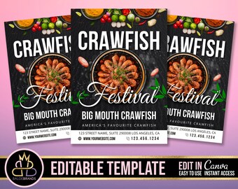 May include: A promotional flyer for a Crawfish Festival. The design features a dark background with a central image of cooked crawfish in a pot, surrounded by text and decorative elements. The text includes "CRAWFISH FESTIVAL" and "BIG MOUTH CRAWFISH".