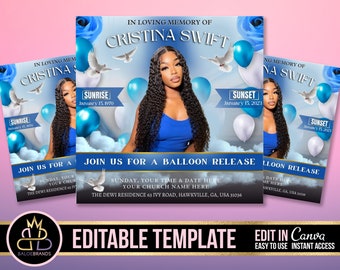 Balloon Release, In loving memory flyer, Memorial Funeral Announcement Flyer Template, Funeral Invite Invitation, Rest In Peace Editable DIY