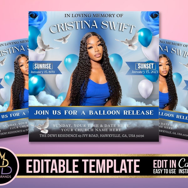 Balloon Release, In loving memory flyer, Memorial Funeral Announcement Flyer Template, Funeral Invite Invitation, Rest In Peace Editable DIY