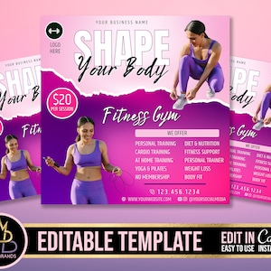 editable Canva fitness template, DIY gym workout flyer, Instagram fit girl flyer, personal sport trainer template, Canva social media flyer