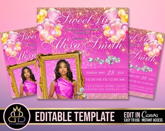 May include: Pink and gold Sweet 16 birthday party invitation template with a photo frame, glitter, and balloons. The text reads "Sweet 16", "Please join us for a birthday celebration", "Honoring Alexa Smith", "Sunday-May 28, 2024", "10:00 PM to 12:00 AM", "123 Street Name, Suite 290008 Los Angeles, CA", and "Editable Template, Edit in Canva, Easy to Use, Instant Access".