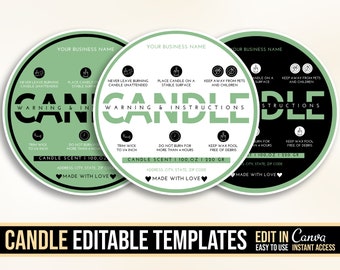 Könnte beinhalten: Drei runde, grün-schwarze Etikettenvorlagen für Kerzen mit dem Text "CANDLE" in großen grünen Buchstaben. Der Text "WARNING & INSTRUCTIONS" ist in schwarzen Buchstaben. Die Etiketten enthalten Informationen wie "Nie eine brennende Kerze unbeaufsichtigt lassen", "Docht auf 0,6 cm kürzen", "Nicht länger als 4 Stunden brennen lassen", "Wachsbad frei von Ablagerungen halten", "Kerzen Duft | 100,0 oz | 220 gr", "Adresse Stadt, Bundesstaat, Postleitzahl", und "Mit Liebe gemacht".