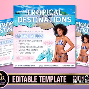 Folleto de viajes de verano, Folleto de viaje para niñas, Folleto de agente de viajes, Plantilla de volante de viajes de vacaciones editable con canva, Redes sociales editables