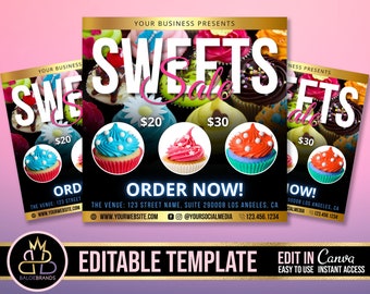 Puede incluir: Un folleto que anuncia una venta de dulces con un fondo negro y cupcakes coloridos. El folleto tiene el texto "SWEETS Sale" en blanco con un contorno dorado. El folleto también tiene el texto "ORDER NOW!" en azul con un contorno blanco. El folleto tiene el texto "YOUR BUSINESS PRESENTS" en la parte superior y el texto "EDITABLE TEMPLATE" en la parte inferior.