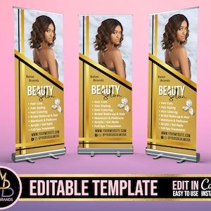 Retractable Banner Template Canva, Roll Up Banner Editable Template, DIY Retractable Banner Hair Beauty Pop Up Shop Boutique Fashion Roll Up