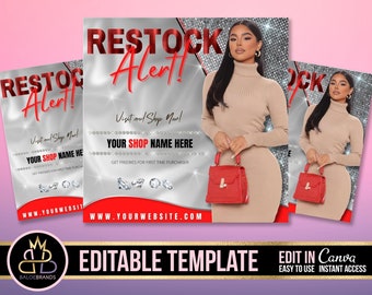 May include: A social media graphic with a silver and red background featuring the text "Restock Alert!" and "Visit and Shop Now!" with a woman wearing a beige turtleneck sweater and a red handbag. The graphic also includes the text "Your Shop Name Here" and "Get Freebies for First Time Purchaser".