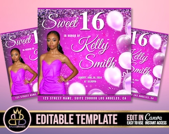 May include: A pink and purple invitation with a glittery background and balloons. The text reads "Sweet 16" in honor of "Kelly Smith". The invitation includes the date and time of the event, as well as the address.