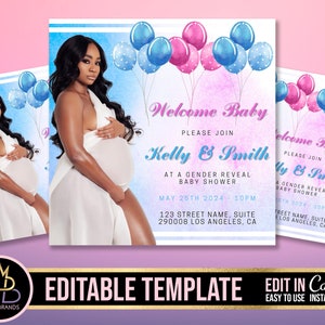 Gender Reveal Party flyer, Baby Shower Announcement, Gender Reveal Flyer, Gender Reveal Editable Template Invite Baby Shower Invitation diy