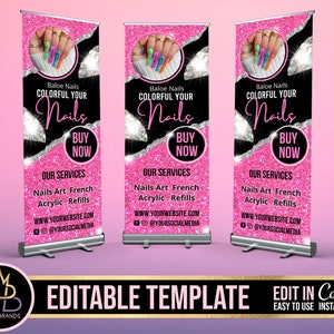 Retractable Banner Template Canva, Roll Up Banner Editable Template, Nails Nail Retractable Banner, Banner Pop Up Shop Custom Roll Up Banner