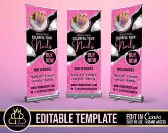 Plantilla de banner retráctil Canva, plantilla editable de banner enrollable, banner retráctil de uñas, banner pop up shop banner enrollable personalizado