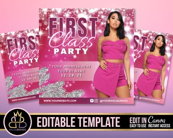 Könnte beinhalten: Bearbeitbare Vorlage für eine rosafarbene und silberne Glitzer-Einladung zur First-Class-Party. Die Vorlage zeigt eine Frau in einem rosafarbenen Outfit und den Text "First Class Party", "Your Address Here", "Your DJ Name", "12.19.21", "www.yourwebsite.com" und "@yoursocialmedia".