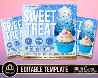 Puede incluir: Plantilla editable para un folleto de dulces con un cupcake y un pastel azul y blanco con chispas. El folleto dice "Sweet Treat" y tiene precios de 10 €, 20 € y 30 €. También dice "¡Pide ahora!" e incluye un sitio web e información de redes sociales.