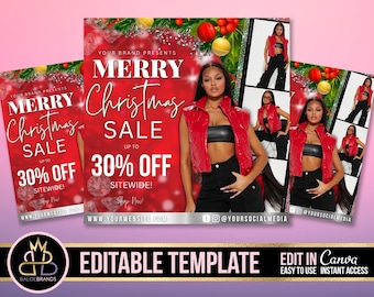 May include: A red and white Christmas sale advertisement with the text "Merry Christmas Sale" and "Up to 30% Off Sitewide!" The advertisement features a woman wearing a red vest and black pants. The advertisement also includes a website address and social media handles.
