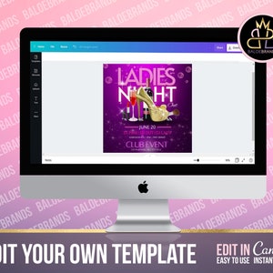 May include: A purple and pink digital flyer with the text "Ladies Night Out" and a gold high heel shoe. The flyer also includes the text "June 20" and "Club Event".