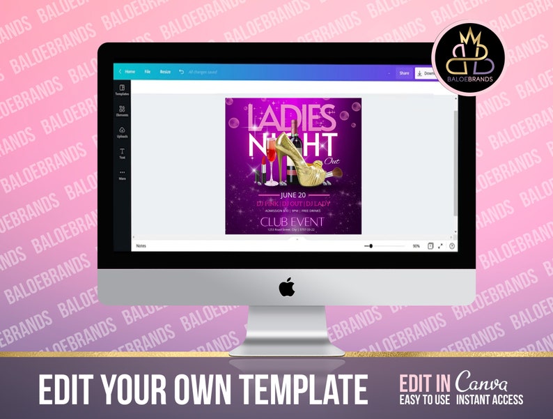 May include: A purple and pink digital flyer with the text "Ladies Night Out" and a gold high heel shoe. The flyer also includes the text "June 20" and "Club Event".