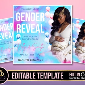 Gender Reveal Party flyer, Baby Shower Announcement, Gender Reveal Flyer, Gender Reveal Editable Template Invite Baby Shower Invitation diy