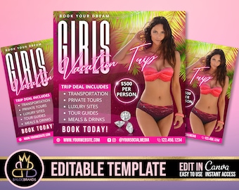 Summer Traveling Flyer, Girls Trip Flyer, Travel Agent Flyer, Vacation Traveling Flyer Template editable with canva, Editable Social Media