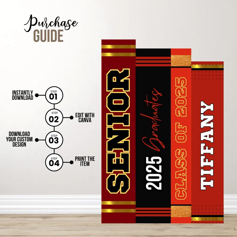 K&ouml;nnte beinhalten: Ein Satz aus drei roten, schwarzen und goldenen, graduationsspezifischen Schildern in Buchform. Das oberste Schild sagt "Senior" in schwarzen Buchstaben mit goldenen Verzierungen. Das mittlere Schild sagt "2025 Graduates" in wei&szlig;en Buchstaben auf schwarzem Hintergrund. Das unterste Schild sagt "Class of 2025" in goldenen Buchstaben auf rotem Hintergrund und "Tiffany" in wei&szlig;en Buchstaben auf rotem Hintergrund.