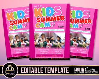Kids Summer Camp Flyer, Kids Camp Summer Festival Flyer voor kinderen, bewerkbare sjabloon, Canva, Kids Invitation Invitation, Festival Event Flyer