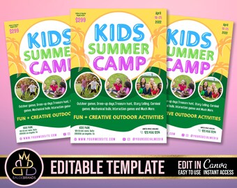 Kids Summer Camp Flyer, Kids Camp Summer Festival Flyer voor kinderen, bewerkbare sjabloon, Canva, Kids Invitation Invitation, Festival Event Flyer