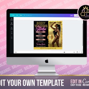 K&ouml;nnte beinhalten: Eine digitale Vorlage f&uuml;r eine Werbung f&uuml;r ein Body-Waxing-Studio. Die Vorlage zeigt eine Frau in einem schwarzen Badeanzug, einen goldenen Rahmen und eine Preisliste f&uuml;r verschiedene Waxing-Dienstleistungen. Der Text "Body Waxing Studio" ist in pinker Neon-Schrift. Der Text "Your Logo" befindet sich in einem wei&szlig;en Kasten.
