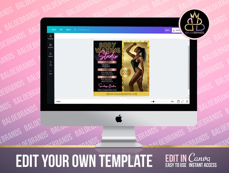 K&ouml;nnte beinhalten: Eine digitale Vorlage f&uuml;r eine Werbung f&uuml;r ein Body-Waxing-Studio. Die Vorlage zeigt eine Frau in einem schwarzen Badeanzug, einen goldenen Rahmen und eine Preisliste f&uuml;r verschiedene Waxing-Dienstleistungen. Der Text "Body Waxing Studio" ist in pinker Neon-Schrift. Der Text "Your Logo" befindet sich in einem wei&szlig;en Kasten.