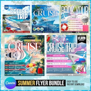 May include: A collection of colorful cruise trip flyers with images of cruise ships, tropical beaches, and text that reads "Book Your Cruise" and "Summer Flyer Bundle". The flyers are designed for easy use and instant download.