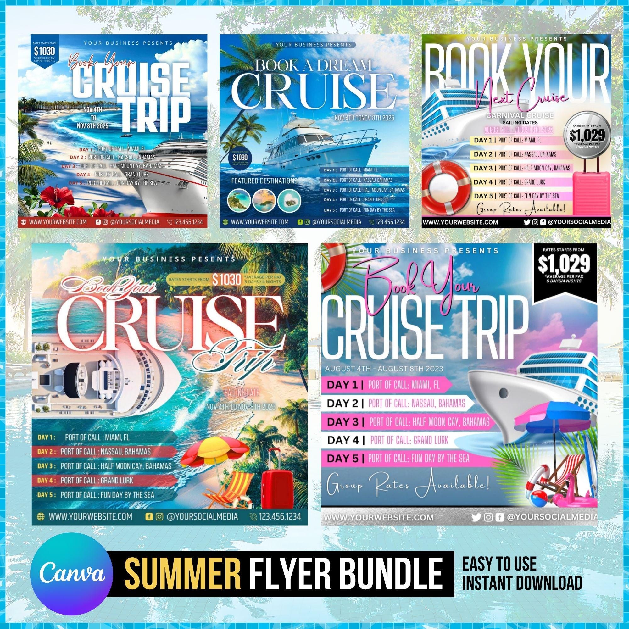 KREUZFAHRT TRIP FLYER Bundle, Kreuzfahrt-Trip-Flyer, Urlaub bearbeitbare Kreuzfahrt-Party-Flyer-Reise, Vorlage Boot-Jacht-Einladung bearbeitbares Canva Social