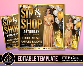 SIP AND SHOP flyer template, Sip & shop Editable Flyer Canva, Sip Shop Flyer, diy shop and sip Party Invite Invitation, event shopping