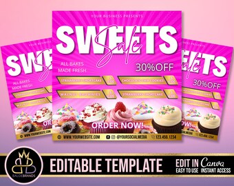 Puede incluir: Un folleto rosa y blanco que anuncia una venta de dulces. El folleto presenta el texto "SWEETS Sale 30% OFF" e imágenes de cupcakes. Enumera varios productos horneados con precios. El texto "ORDER NOW!" está en la parte inferior del folleto con una dirección de sitio web, un identificador de redes sociales y un número de teléfono.