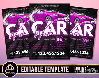 Puede incluir: Un folleto que anuncia servicios de lavado de coches con un coche rosa salpicando agua. El folleto tiene el texto "Car Wash" en letras blancas grandes con un contorno rosa. El folleto también incluye una lista de los servicios ofrecidos, un número de teléfono, una dirección de sitio web y un identificador de redes sociales. El texto "Oferta especial 15% de descuento" también está incluido.