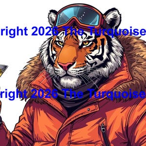 May include: Illustration of a tiger wearing ski goggles and an orange jacket, holding a martini with an olive. The image includes the text "Copyright 2026 The Turquoise Truck" in blue.