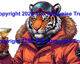 Tiger with Martini Ski Patrol.  Cool Tiger on the slopes. DIGITAL DOWNLOAD