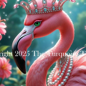 May include: A pink flamingo adorned with a jeweled crown and pearl necklace, set against a backdrop of pink and white flowers. The flamingo has a black beak and green eyes. The image includes the text "Copyright 2025 The Turquoise Truck."