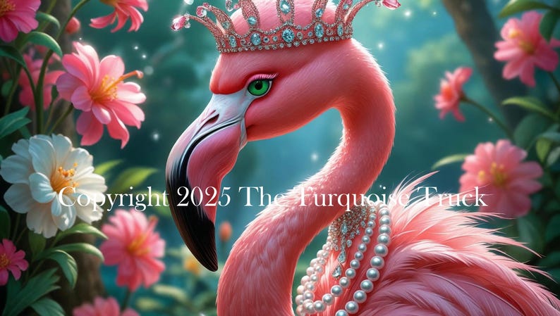 May include: A pink flamingo adorned with a jeweled crown and pearl necklace, set against a backdrop of pink and white flowers. The flamingo has a black beak and green eyes. The image includes the text "Copyright 2025 The Turquoise Truck."