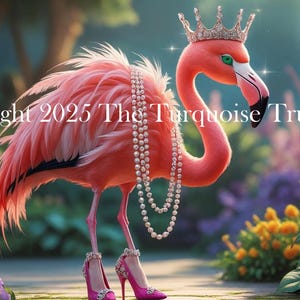 May include: A fanciful image of a flamingo wearing a crown, pearl necklace, and high heels, set in a garden. The flamingo is pink, and the garden features various flowers. The image includes the text "Copyright 2025 The Turquoise Truck".