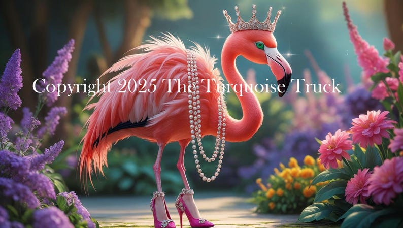 May include: A fanciful image of a flamingo wearing a crown, pearl necklace, and high heels, set in a garden. The flamingo is pink, and the garden features various flowers. The image includes the text "Copyright 2025 The Turquoise Truck".