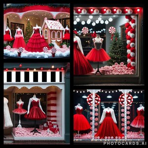 Könnte beinhalten: Festliche Weihnachtsschaufenster mit roten Kleidern auf Schaufensterpuppen, Zuckerstangen und Pfefferminzbonbons. Ein Lebkuchenhaus und Weihnachtsbäume sind ebenfalls zu sehen. Das Farbschema ist rot, weiß und grün.