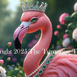 May include: A pink flamingo adorned with a silver crown and a pearl necklace with emerald details, set amidst pink and white flowers. The text "Copyright 2025 The Turquoise Truck" is visible.