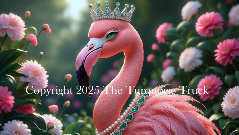 May include: A pink flamingo adorned with a silver crown and a pearl necklace with emerald details, set amidst pink and white flowers. The text "Copyright 2025 The Turquoise Truck" is visible.