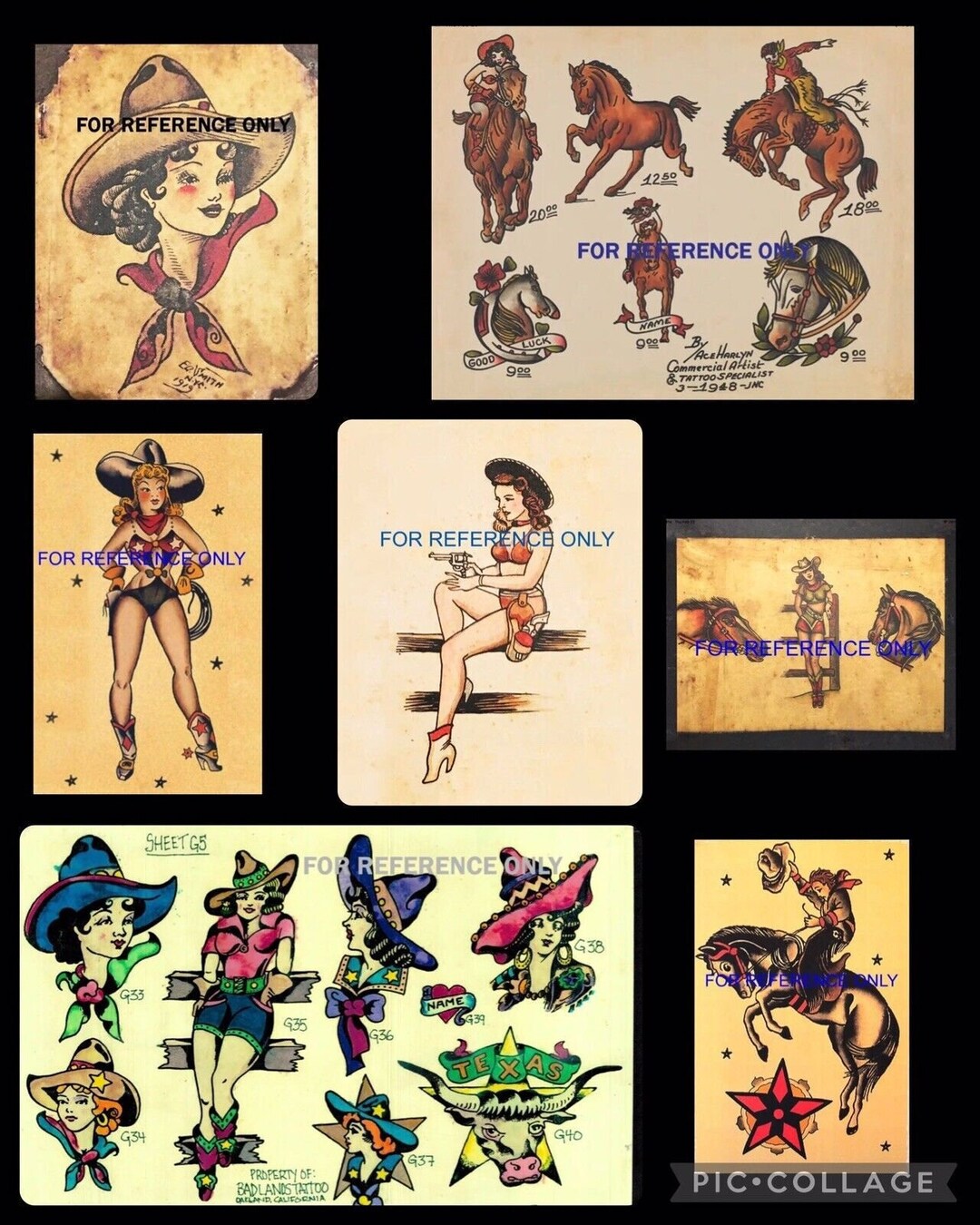 Bundle of SEVEN Cowgirls/cowboy VINTAGE TATTOO Flash Sheets Tattoo ...