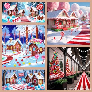 Könnte beinhalten: Eine Collage von Bildern mit dem Thema Candy Land. Lebkuchenhäuser mit rot-weißen Streifen sind in verschneiten Landschaften zu sehen. Lutscher und Zuckerstangen sind verstreut, mit einem rot-weiß gestreiften Weg, der zu den Häusern führt.