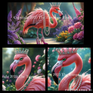 May include: A whimsical illustration of a pink flamingo adorned with a crown, pearl necklace, and high heels. The flamingo is set against a backdrop of lush flowers and foliage. The text "Copyright 2025 The Turquoise Truck" is visible.