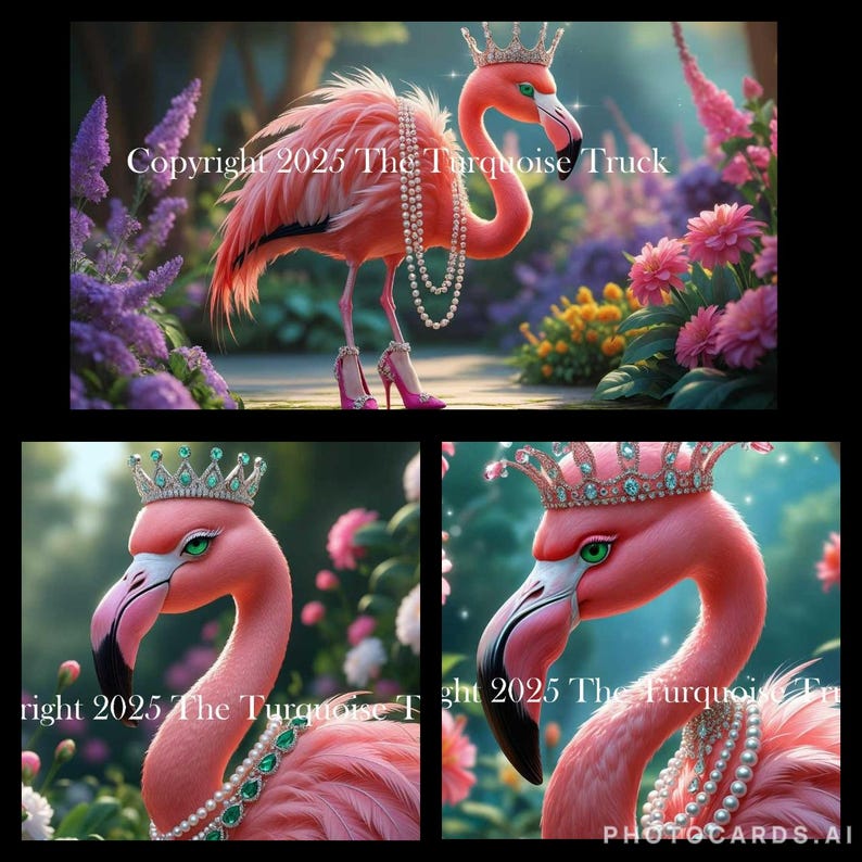 May include: A fantasy illustration of a pink flamingo wearing a crown, pearl necklace, and high heels, set in a garden with flowers. The image includes the text "Copyright 2025 The Turquoise Truck".