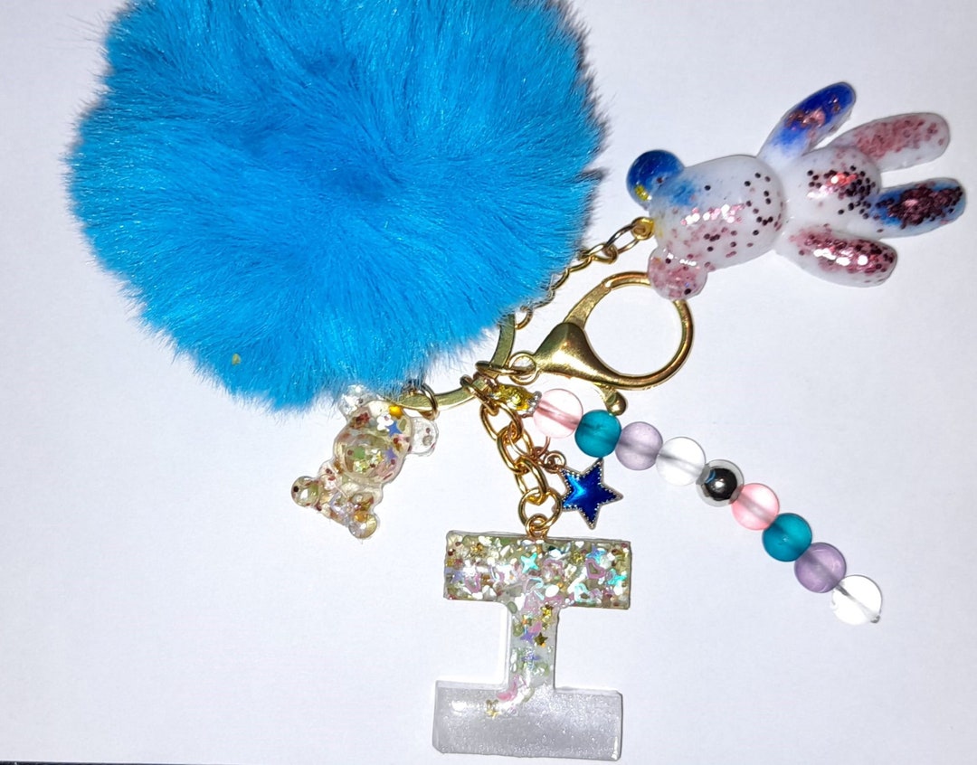 Bear Letter and Fluff Ball Keychain Set Etsy