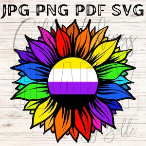 Puede incluir: Un girasol arcoíris con una bandera de orgullo genderqueer amarilla, blanca y morada en el centro.