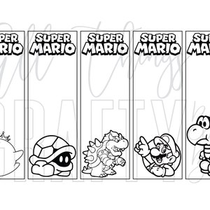 Super Mario Printable Coloring Bookmarks - 2 PDF Files - 22 Individual Bookmarks