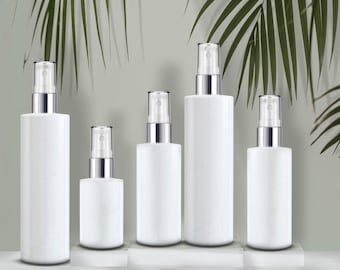 Cylindrical White Glass Spray Bottle, Silver Mist Sprayer (30ml, 50ml, 100ml)