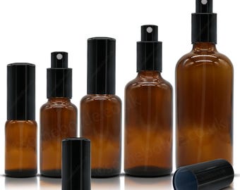 Amber Glass Spray Bottle with BLACK Aluminium Mist Sprayer Atomiser Pump 18mm Neck